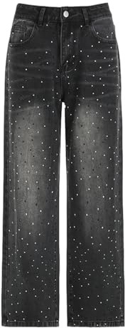 Jeans med strass, glitter, dam, denimbyxor, strass, raka breda ben, jeans, pojkvän, harajuku-byxor, Y2K, vardagsbyxor, raka ben, fritidsbyxor, hög midja, använd look, jeans, Mörkgrå, L