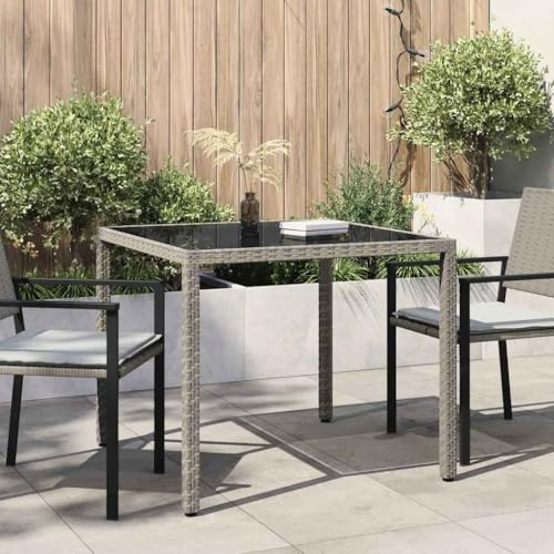 Frdhee Balkontisch Gartenmöbel,Gartentisch 90x90x75 cm Gehärtetes Glas Poly Rattan Grau,Robust und Einfach zu Montieren