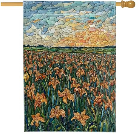 Banderas de casa de flores de lirio de día de primavera de 28 x 40 pulgadas, doble cara para exteriores, paisaje floral, bandera vertical estándar de lona para el hogar, bandera con impresión de