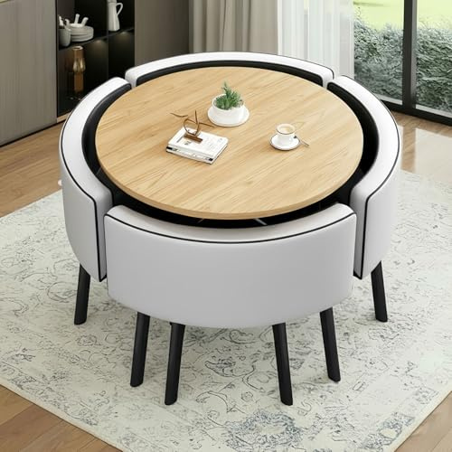 Generisch Essgruppe 5-Teilig, 90 cm Runder Esstisch und Stühle für 4 Personen, MDF-Platte, Gepolsterter Sitz mit PU-Lederbezug, Essgruppe für Küche Esszimmer und Wohnzimmer