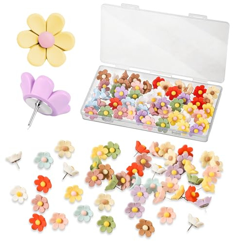 Huiguli 100 Stück Blumen Reißzwecken Heftzwecken, Bunt Blumen Reißnägel mit Aufbewahrungsbox, Pinnadeln für Korktafeln, Blumen Dekorative Kork Push Pins Blumige Pinnnadeln für Büro, Schule, Zuhause