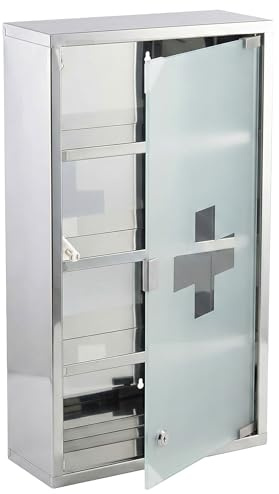 Floordirekt Medizinschrank Silber 60x30cm - 4 Fächer – Abschließbarer Arzneischrank mit Milchglastür, Edelstahl oder Metall weiß, Medikamentenschrank für Bad, Küche & Praxis, Allen