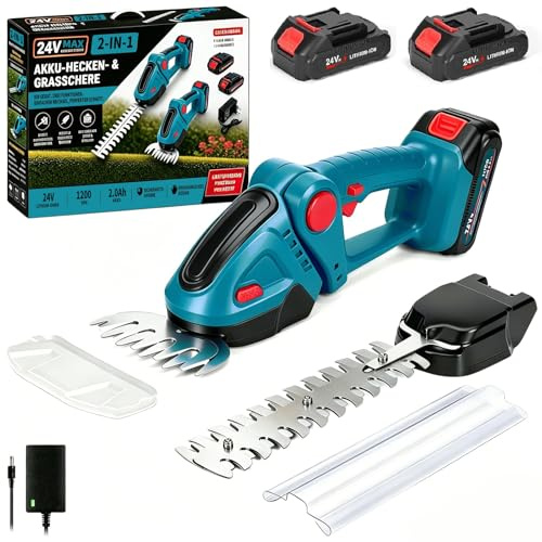 Akku Heckenschere, 21V Elektrische Grasschere, 2-in-1 Strauchschere & Rasenkantenschere mit 4,0Ah Akku, 23cm Heckenschermesser & 12cm Grasmesser, für Garten, Hecken, Büsche, Rasen (Blau)