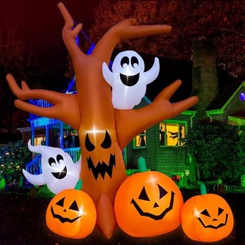 Bigjoys Aufblasbarer Halloween-Baum mit Geister-Kürbis-Dekoration für drinnen und draußen, Zuhause, Hof, Party, 2,4 m | Halloween Blow Up Scary Dead Tree with Pumpkin Ghost Built-in Lights for Halloween Holiday Party Indoor Outdoor Yard Garden