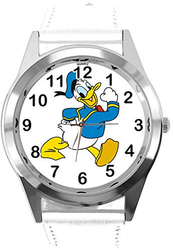 Taport® Orologio analogico al quarzo con cinturino in vera pelle bianco rotondo per fan di Paperino