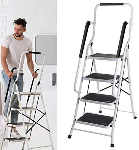 Trittleiter 4 Stufen mit Handlauf Faltbar Leiter Klapptritt und Großen Stufen Haushaltsleiter Metall Klapptreppe Stehleiter, bis 150 kg