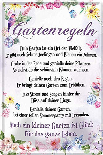 Blechschilder Schöner Spruch “Gartenregeln” Deko Pflanzen Blumen Schmetterlinge Glück Gartenschild Garten Eingang Tor Terrasse Geschenkidee Geschenk zum Geburtstag oder Weihnachten 20x30 cm
