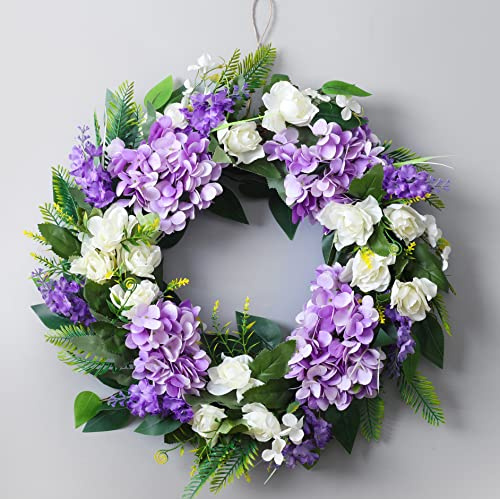 Summer Wreaths for Front Door Green Leaf Purple Hydrangea 18 inch with Lavender,White Orange and Grapevine Base, Perfect for Spring Wreaths Outdoor,Indoor and Farmhouse Decoration