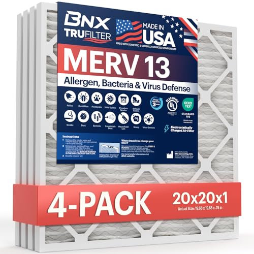 BNX TruFilter 20 x 20 x 1 MERV 13 (4er-Pack) AC-Ofen-Luftfilter – hergestellt in den USA – elektrostatisch plissierte Klimaanlage HVAC AC Ofenfilter – entfernt Pollen, Schimmel, Bakterien, Rauch