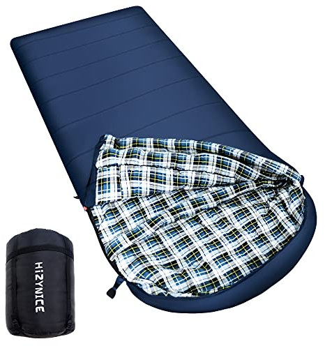 HiZYNICE 0-Grad-Schlafsack, 100 % Baumwolle, Flanell für Erwachsene, Camping, große und große Herren, extra groß, breit, inklusive Kompressionssack (Marineblau, 228.6x99.1 cm linker Reißverschluss)