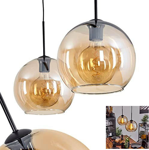 HOFSTEIN Hängeleuchte Koyoto, 2-flammige Hängelampe aus Metall/Glas in Schwarz/Bernsteinfarben, moderne Pendelleuchte im Retro/Vintage-Design, Ø Schirme 25 cm, E27, Esszimmer, Küche, Wohnzimmer
