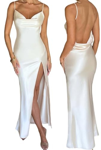 MAHUAOYIXI Langes Kleid für Damen, elegant, Mädchen, Sommerkleid, ärmellos, Satin, High Split, einfarbig, Strandkleid, elegantes Damenkleid, sexy Partykleid, Weiß, S