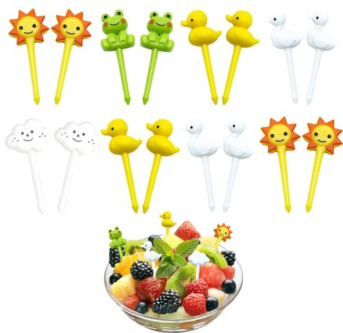 Mezrkuwr 16 Stück Tier Mini Cartoon Bento Obstgabeln Frösche Enten Zahnstocher FüR Kinder Kuchen Picks Bento ZubehöR SüßE Mini spieße Zahnstocher Obst Kinderparty