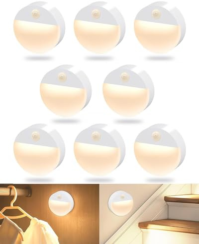 FLOWood Nachtlicht mit Bewegungsmelder, LED Warmweiß, 8 Stück | Batteriebetriebene Treppenbeleuchtung, kabellos platzierbar, für Kinderzimmer,Flur, Treppe, Schlafzimmer, Küche und Schrank