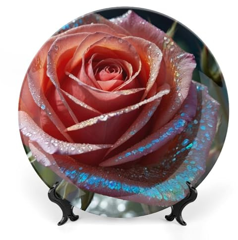 7 Ceramic Decorative Plates for Home Decor Rose Flower Blossom Porcelain Wall Plate Ornament Modern Kitchen Dining Room Decoration Home Display Wobble-Plate