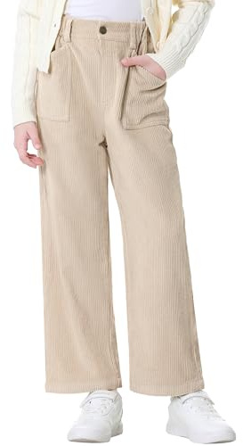 Rolanko Pantalon en Velours Côtelé pour Filles, Pantalon Long à Taille Élastique et à Jambes Droites pour Enfants, Beige, Taille: 170/13-15 Ans
