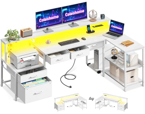 Coleshome Schreibtisch L Form mit Schubladen, 175x100cm Gaming Tisch mit Steckdose, LED & Monitorständer, Reversibler Eckschreibtisch mit Stauraum, Computertisch mit Regal für Büro, Weiß