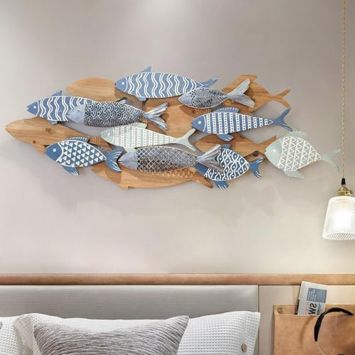 HENGCMM Wanddeko Fischschwarm, Metall Fisch 3D Wandskulptur, Moderne wanddeko Deko-Objekt Wandbehang Wandbild Metallbild, Maritimes Thema Design Wanddeko für Den Innenbereich
