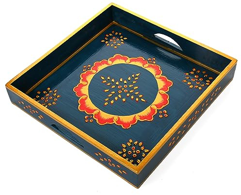 Wooden Tray Indian Decorated Rajasthani Handmade Handcrafted Rectangular Decorative Serving Tray Platters with handle for Coffee Table Decor Kitchen Home and Gifting (Blue 9X9X2)