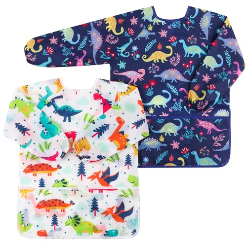 Livdouyu 2 Stück Malschürze Kinder, Malkittel Kinder 3-8 Jahre Wasserdicht Malkittel Bastelschürze mit Big Taschen und ärmeln Malerkittel für Körpergröße 90~120cm