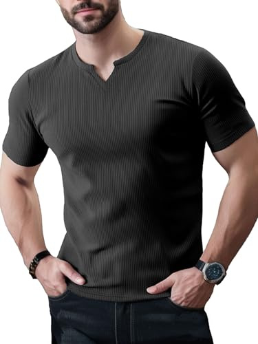 Yewloch Camiseta Hombre Slim Fit Cuello en V Deportiva Básica Corta&Larga Musculosa,tee Ajustado Casualc