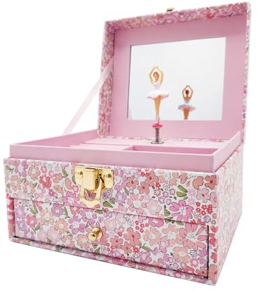 HUTRADE Mädchen Schmuckkästchen mit Musik, Ballerina & Schublade – Schmuckbox mit Spiegel, Blumenmuster, Geschenkidee für Kinder