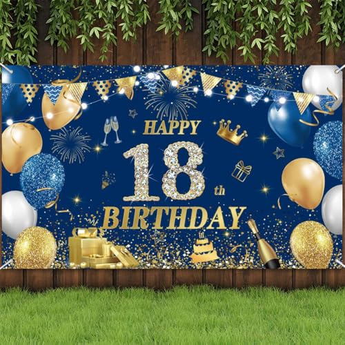 Yontree Banner Happy 18th Birthday, 180 x 110 cm, Blau / Gold, Happy Birthday-Banner, Hintergrund, Dekoration für Jungen und Mädchen, 18 Jahre alt, Geburtstag, Jahrestag, Partyzubehör
