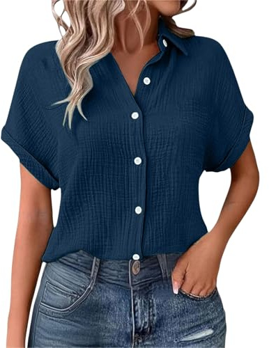 Nuoke Musselin Bluse Damen Shirts Bluse Elegant Tunics Sommer Tshirt Kurzarm Leinen Knopf Bluse Lange Oversized T-Shirt Casual für Leggings