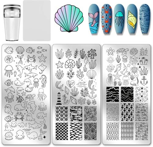 PH PandaHall 3pcs Kit de Plaques D'Estampage pour Ongles Motif Océan D'Été Pochoirs D'Art D'Ongles de Plage de Mer avec Tampon et Grattoir pour Impression de Manucure de Salon de Conception de Salon