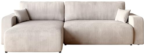 BROMARKT Ecksofa mit Schlaffunktion Kissen und Bettkasten L-Form Vanilla | Schlafsofa mit Bettkasten 274x148x82cm Sofa Couch Sofabett freistehend Cord 3 sitzer Eckcouch für Wohnzimmer PUMI XL