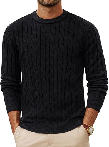 PJ PAUL JONES Men's Casual Crew Neck Pullover Cable Knitted Sweater Top Warm Black L