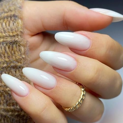 GLAMERMAID 24 PCS Mittlere Mandel Künstliche Fingernägel Frühjahr Sommer Weiß Ombre Gel-Kleber Glänzende Kurze Stiletto-Nägel Wiederverwendbare UV-Finish-Kunstnägel Acryl Maniküre-Sets für Frauen