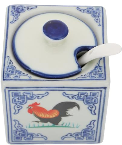 Didiseaon Ceramic Salt Jar Rooster Pattern Kitchen Supply Blue and White Porcelain Salt Pot for Home Cooking
