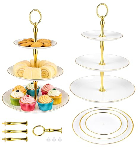 FUNSUEI 3 styck Etagere 3 våningar Vit, Cupcake Ständer Plast, Bröllops Tårtställning Kakstativ för Tårtor, Cupcakes och Muffins