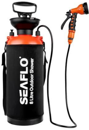 lighteu, SEAFLO utomhus campingdusch, 8 liter, bärbar dusch med 7-vägs justerbara spraylägen, stabil bärrem och säkerhetsinloppsventil SFOCS1-08-01