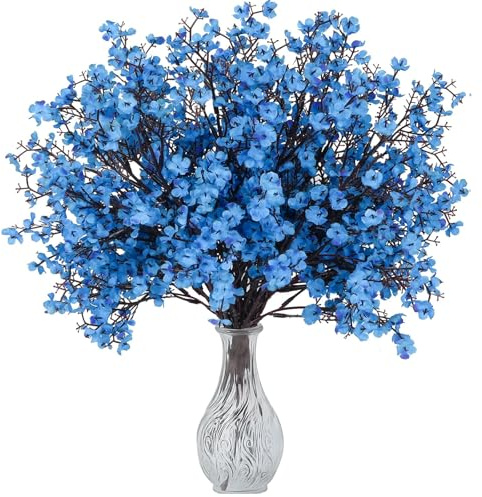 6 Ramos Flores Artificiales de Cerezo Decoracion Plantas Artificiales Exterior Geranios Artificiales Exterior Imitación de Aliento De Bebé Adecuados para Decoración Del Hogar, Bodas Y Jardín (Azul)