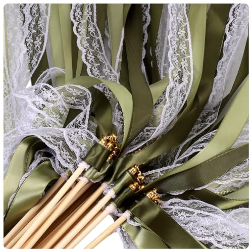 30 Stück Wedding Wands – Romantische Zauberstäbe Hochzeit mit Glocke und Bändern – Hochzeitsdeko für Spalier – Standesamt Deko, Auto Dekoration für Gäste (Grün)