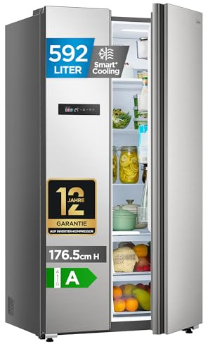 Midea Side-by-Side Kühl-Gefrierkombination 592 L | No Frost, Inverter Kompressor, leise 35 dB | 179,3 cm hoch, Multi-Air-Flow, SuperCool & Freeze | Platinum Fresh | Bru Steel, MDRS791MYA46