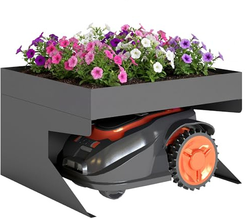 Outsunny Robot tosaerba, garage in acciaio, 75 x 70 x 46 cm, con fioriera, tosaerba, in acciaio zincato, riparo per riparo, parapioggia per tosaerba, colore nero