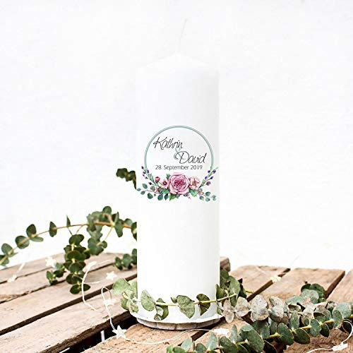 Hochzeitskerze Kerze zur Hochzeit Trauung Traukerze Kreis mit Rosengesteck & Spruch Wunschnamen & Datum wk101 ilka parey wandtattoo-welt®
