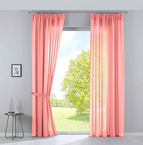 Gardinlåda 2-pack gardiner »Nizza« bomull-voile halvvoile genomskinliga butiker med gardinband och tunnelflöde, 100% polyester, korall, H x B 254 x 135 cm