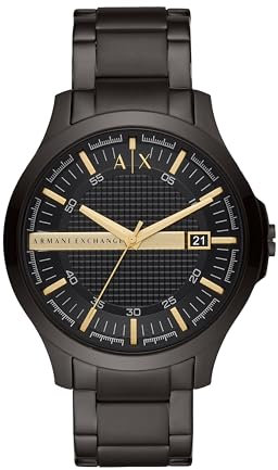 Armani Exchange Herrenuhr , DreizeigerDatumswerk, 46mm Schwarzes Edelstahlgehäuse mit Edelstahlarmband, AX2413