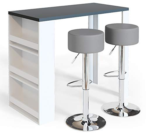 Vicco Set de Mesa de Bar, Blanco/Gris, 57 x 117 cm con 2 taburetes de Bar, Apto como Zona de Comedor Adicional en la Cocina o en el salón