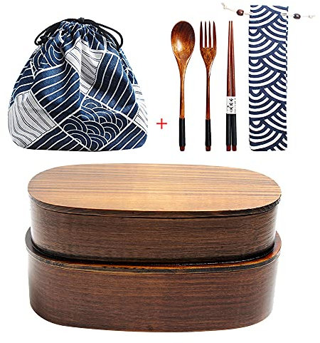 DODY Fiambreras, Fiambreras de Madera cuadradas Naturales Tradicionales japonesas para Mujeres, Hombres, Adultos, niños, Caja de Madera Bento con Kit de Cuchara, Tenedor y Bolsa de Almacenamiento