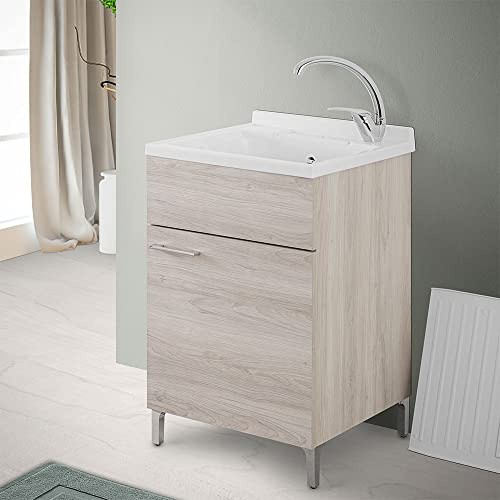 Inbagno Lavatoio con mobile e vasca in Resina resistente agli acidi, Completo di ASSE di Lavaggio e Kit sifone + piletta (50x50 cm 1 Anta, Rovere Grigio)