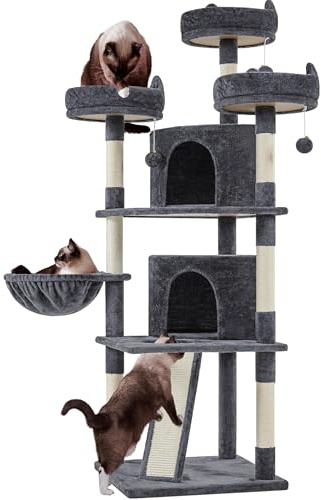 Yaheetech Árbol para gatos grandes de 68.5 pulgadas, torre para gatos de varios niveles con 3 perchas anchas, condominio grande, casa de juegos estable para mascotas con postes rascadores cubiertos de