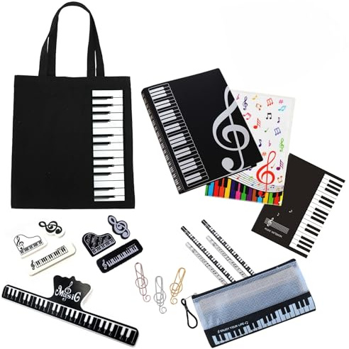 GOOGIT Set de Musique 19 Pièces Reliure pour Partitions Cahier à Pentagrammes Sac en Coton Pochette Crayons Papeterie Piano École Étudiants Retour à l'école (Noir)