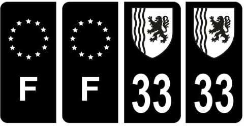 HADEXIA Nummernschild-Aufkleber, französisches Departement 33, Gironde Ain Region NeuAquitaine Schwarz & F Frankreich, 4 Stück