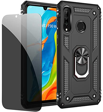 JOYTAG Schutzhülle kompatibel mit Huawei P30, Schwarz, Schutzhülle mit Displayschutzfolie aus Sichtglas, Anti-Spionage-Schutz