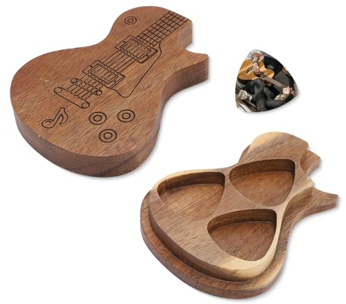Hapivida Gitarren Pick Box, Handgefertigte Gitarrenförmige Plektrum Aufbewahrungsbox aus Holz mit 3 Fächern, Organizer für Gitarristen und Musiker